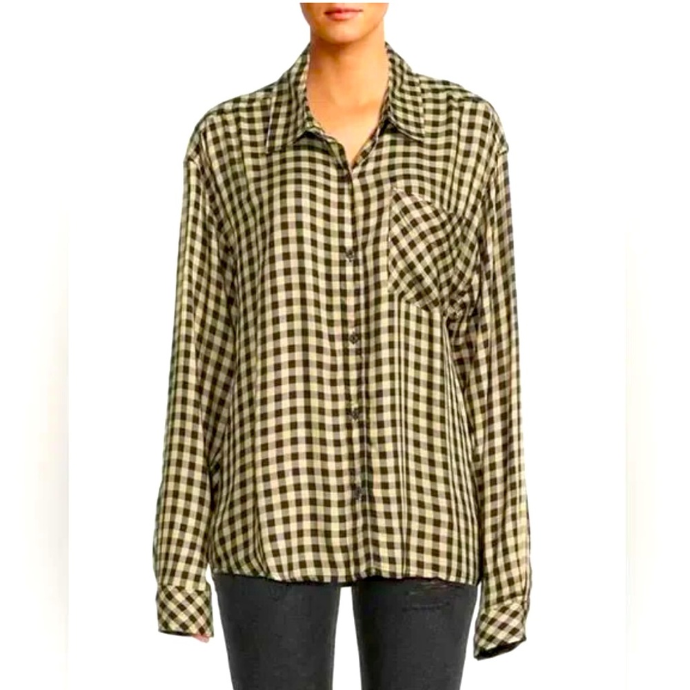 WEWOREWHAT gingham boyfriend shirt in tan and black NWT
